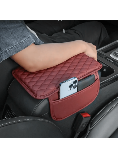 Leather Car Armrest Box Heightening Pad With Side Storage Bag, Car Armrest Box Cushion With Storage Pocket